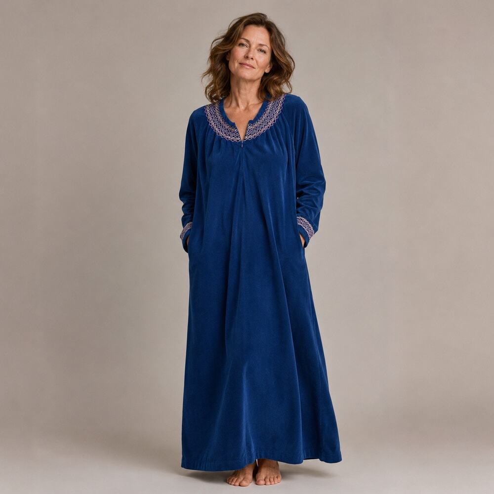 Vintage Vanity Fair Blue Velour Maxi Nightgown Large Boho Cottagecore